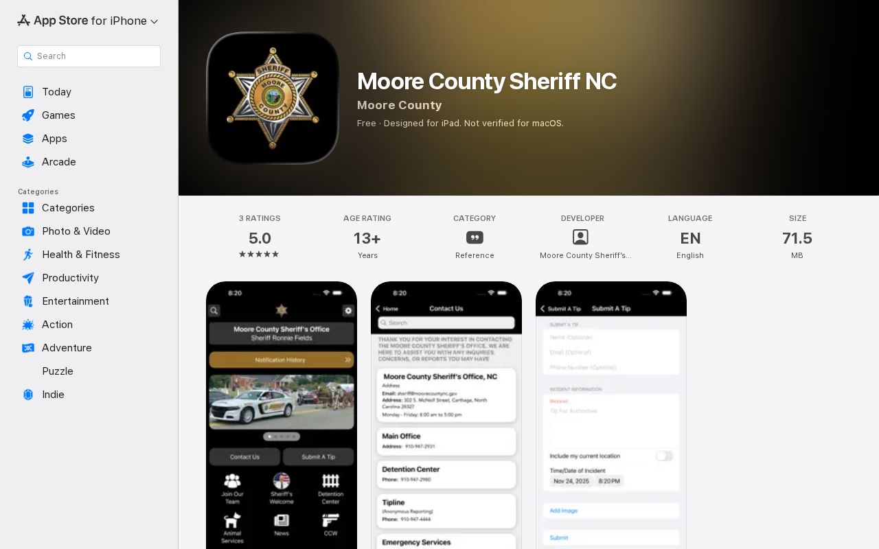 Moore County Sheriff app listing for current booking and release navigation
